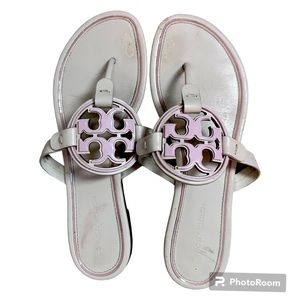Tory Burch Miller Double Plaque Round Logo Pink/Tan Leather Sandals Women’s 8.5